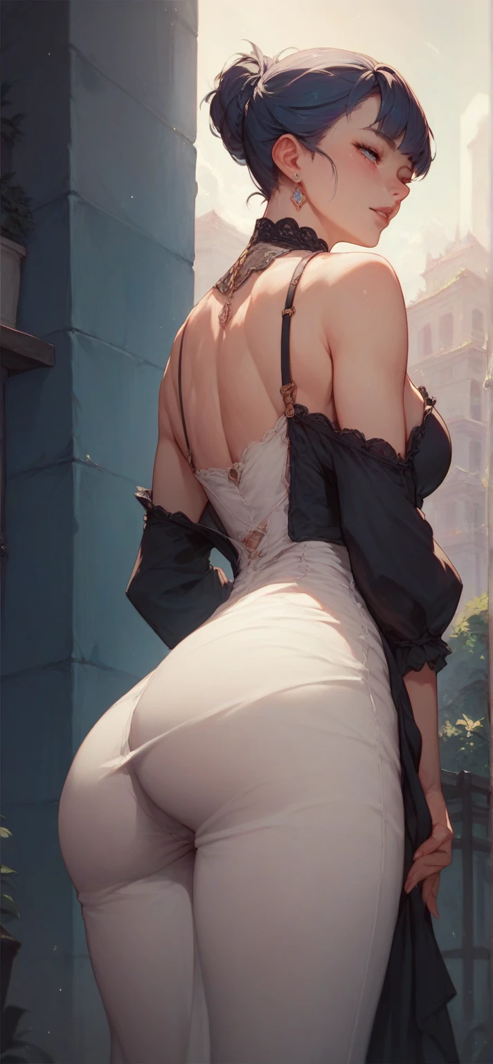 (1girl:1.3), (photorealistic:1.4), (masterpiece, top quality, best quality, official art), extreme detailed, highest detailed, (ultra-detailed), ((an extremely delicate and beautiful)), cinematic light, contemporary, exposed back, bend forwards, detailed butt, petite, sexy