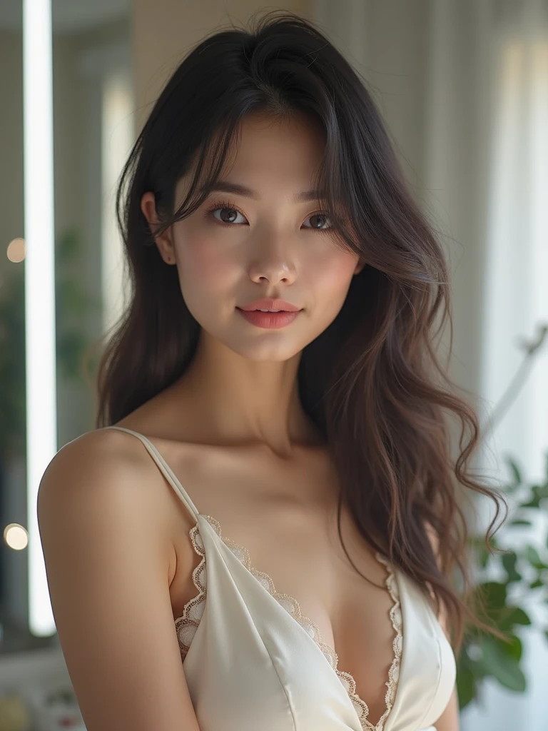 incredibly beautiful sexy playful girl 20 years old, black hair, White skin

