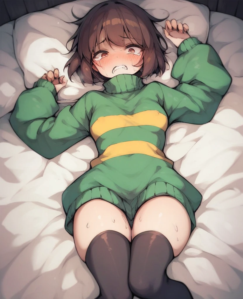 by Zackary911, kenket, kilinah, Zackary911, (((asriel, woman, breasts, antrum, extremely detailed, extremely detailed legs, extremely detailed arms, extremely detailed face, perfectly detailed eyes, perfectly detailed anatomy))): 1.2, solo, perspective, curved thighs, huge thighs, curvature, embarrassed smile, (tail), totally blushed, nervous, looking at the viewer, bedroom, red eyes, big green sweater (striped yellow lines), pink panties, lying on her bed, covering her face
