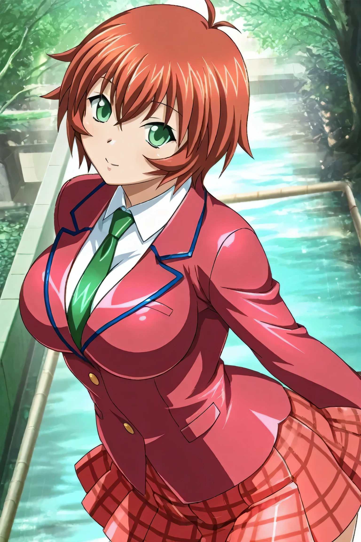 chinkyuu koudai \(ikkitousen\),dark red blazer,deep green necktie,plaid skirt,pleated skirt,red skirt,
