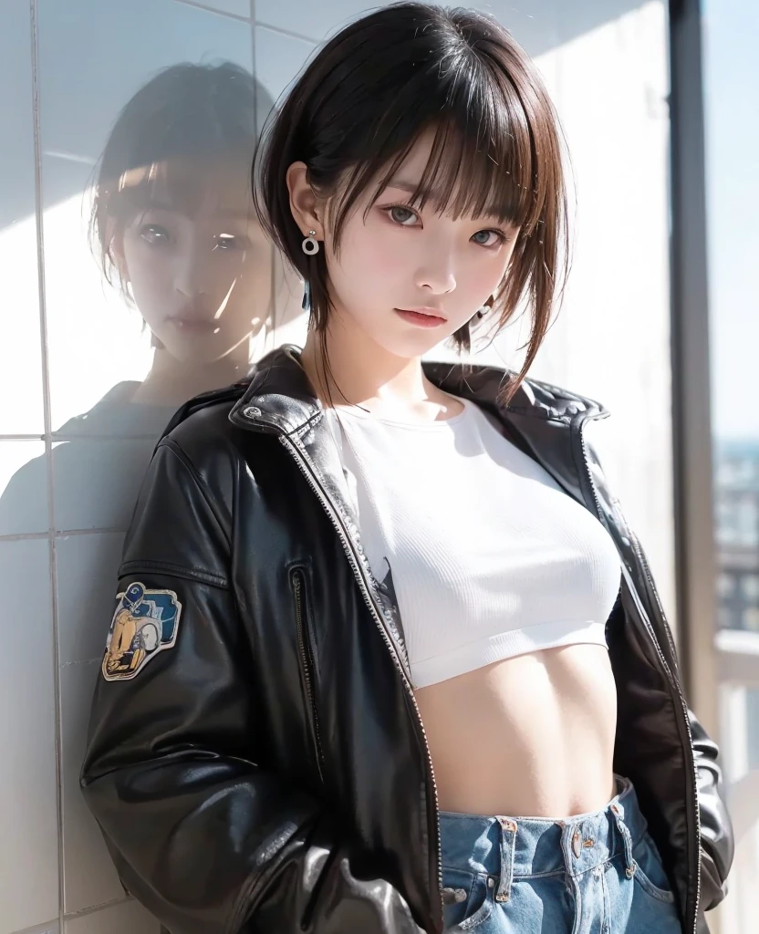 (((Beautiful girl small breasts))),Wearing a black jacket、Cyberpunk Red Green Background、(((Upper body naked))),smile,,、Round face,Big eyes, Round eyes、No makeup、Sweaty、、(((Small breasts)))、(((Small breasts)))、12 years old