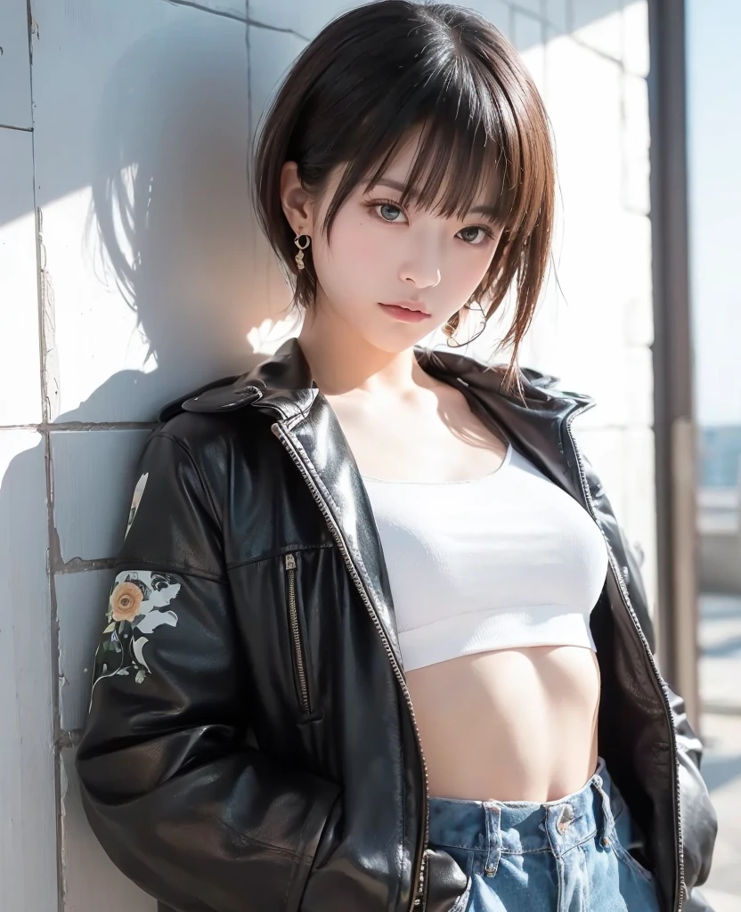 highest quality, 8K, 32K, masterpiece, UHD: 1.3), pictures of attractive japanese women, one girl, (whole body : 1.0), abs, perfect body, (leather jacket:1.0),(skirt:1.1),(boots:1.0),super detailed face, detailed lips, fine eyes, double eyelid,short hair,messy hair,
