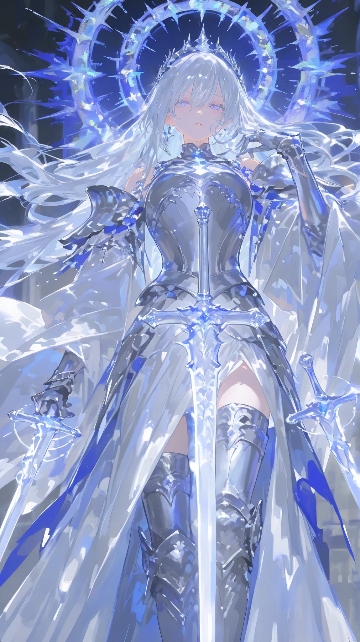 Create a majestic and graceful female fantasy character, tall in stature with long, flowing silver hair. The character is adorned in dark, intricate robes embellished with silver armor and celestial motifs. They hold two gleaming, elegant swords, poised as if ready for battle, while gesturing with one hand in a commanding manner. The setting should be a mystical landscape, with swirling mists and ancient trees, creating an atmosphere of power and enchantment. The scene should convey a sense of ancient magic and wisdom.