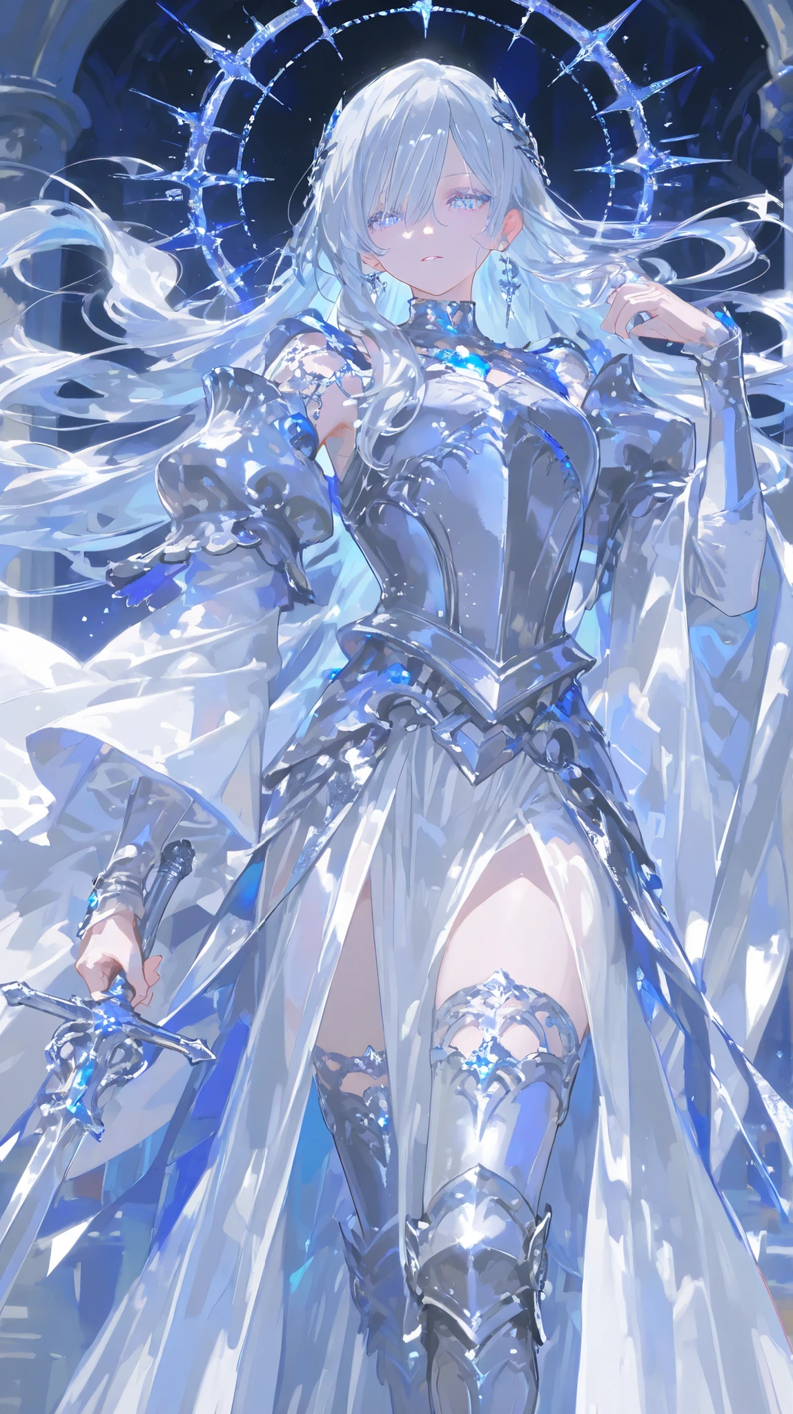 Create a majestic and graceful female fantasy character, tall in stature with long, flowing silver hair. The character is adorned in dark, intricate robes embellished with silver armor and celestial motifs. They hold two gleaming, elegant swords, poised as if ready for battle, while gesturing with one hand in a commanding manner. The setting should be a mystical landscape, with swirling mists and ancient trees, creating an atmosphere of power and enchantment. The scene should convey a sense of ancient magic and wisdom.