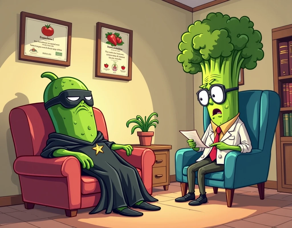 A charming cucumber villain wearing a black cape and a mask, lying dramatically on a therapist’s couch in a cartoon-style therapy session. The cucumber is passionately complaining while the therapist — a skeptical celery with glasses — takes notes. The setting is a cozy cartoon-style office, with framed veggie-themed diplomas on the wall, a potted plant, and a bookshelf. Whimsical, colorful cartoon style, exaggerated expressions.