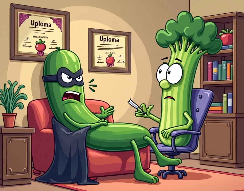 A charming cucumber villain wearing a black cape and a mask, lying dramatically on a therapist’s couch in a cartoon-style therapy session. The cucumber is passionately complaining while the therapist — a skeptical celery with glasses — takes notes. The setting is a cozy cartoon-style office, with framed veggie-themed diplomas on the wall, a potted plant, and a bookshelf. Whimsical, colorful cartoon style, exaggerated expressions.