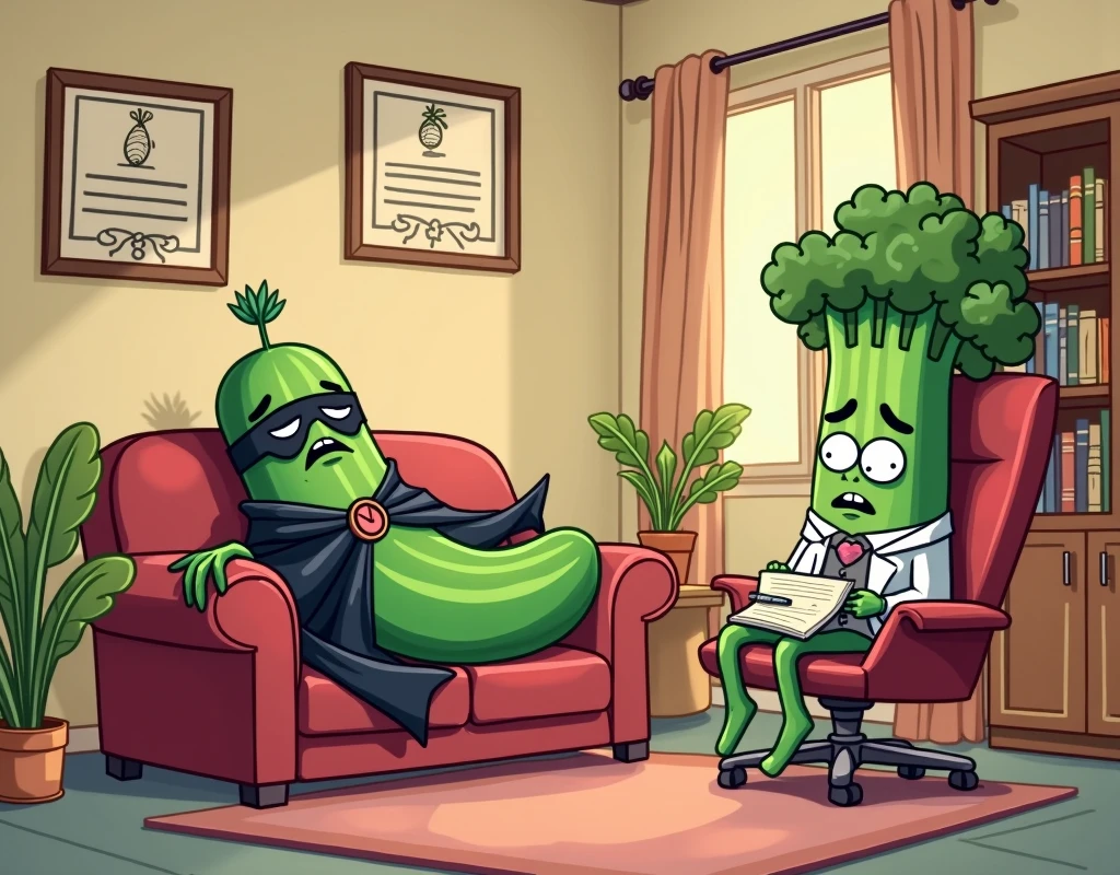 A charming cucumber villain wearing a black cape and a mask, lying dramatically on a therapist’s couch in a cartoon-style therapy session. The cucumber is passionately complaining while the therapist — a skeptical celery with glasses — takes notes. The setting is a cozy cartoon-style office, with framed veggie-themed diplomas on the wall, a potted plant, and a bookshelf. Whimsical, colorful cartoon style, exaggerated expressions.