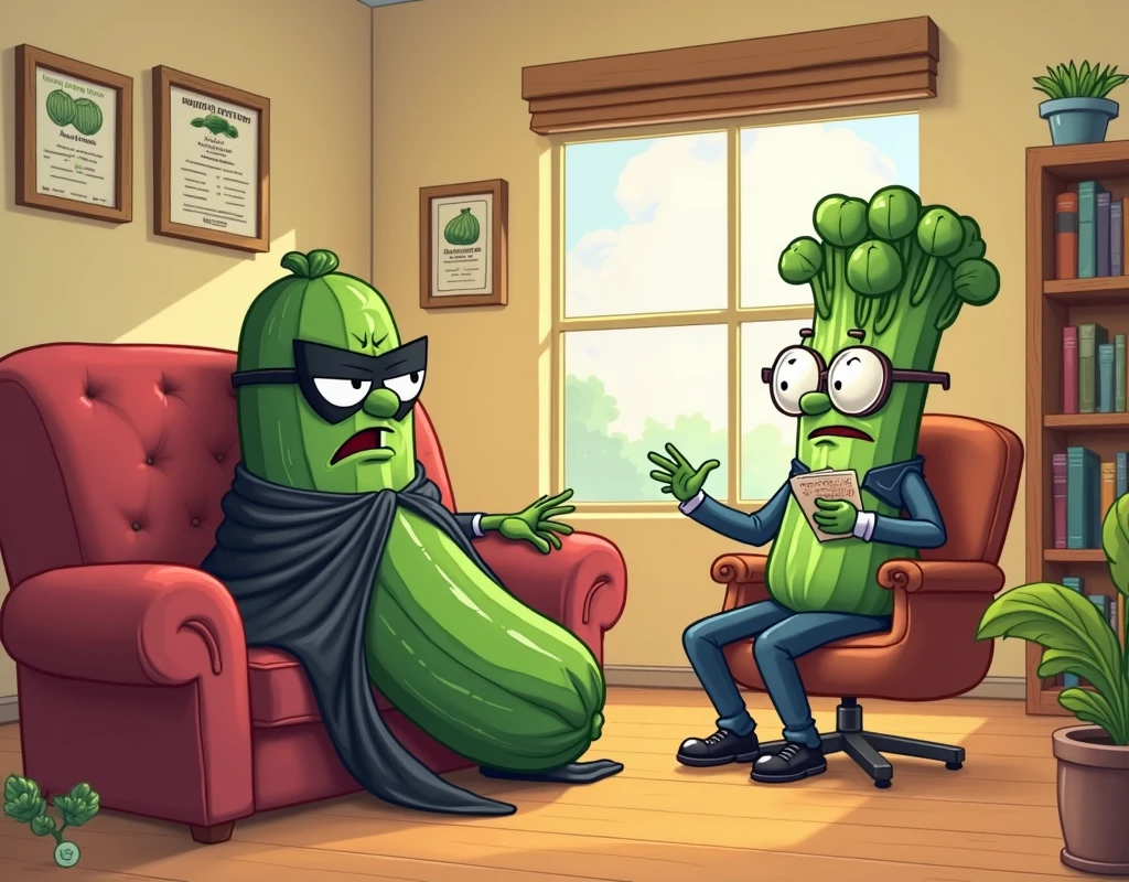 A charming cucumber villain wearing a black cape and a mask, lying dramatically on a therapist’s couch in a cartoon-style therapy session. The cucumber is passionately complaining while the therapist — a skeptical celery with glasses — takes notes. The setting is a cozy cartoon-style office, with framed veggie-themed diplomas on the wall, a potted plant, and a bookshelf. Whimsical, colorful cartoon style, exaggerated expressions.