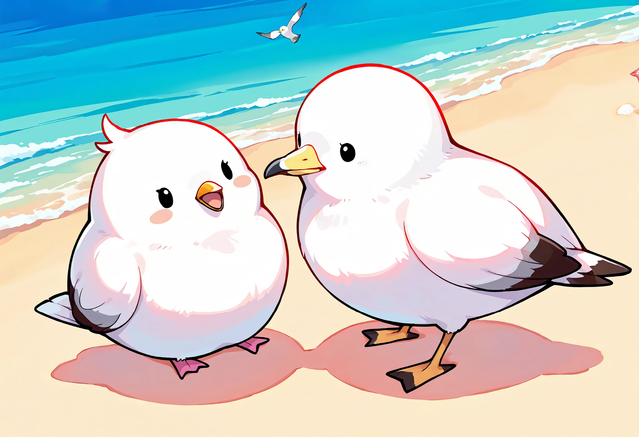 Masterpiece,Best quality, ultra detailed,Japanese Anime style, (pure white sparrow mascot and seagull ) , white sparrow,round body, fluffy body,simple face, cute appearance, Seagull, beach, sparrow and seagulls greeting each other,