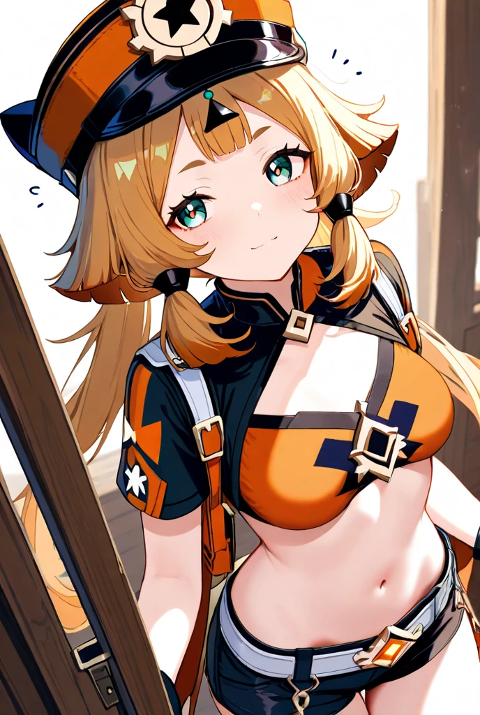 best quality,4k,8k, highres, masterpiece:1.2), ultra-detailed, extremely detailed eyes, extremely detailed body, (large masterpiece digital art), (detailed manga illustration), (detailed line art), ((perfect anatomy)), (intricate details:1.3), (ultra-detailed:1.3), (illustration:1.3), (sharp focus:1.3), (natural lighting:1.05), (vivid colors:1.3), (masterpiece), (best quality:1.4), (perfect anatomy:1.4), high quality, expressive eyes, full body, detailed face, beautiful face, perfect face, 1 girl, breast, large breast, detailed hair, medium hair, orange hair, hair over one eye, purple eyes, eyepatch, shark girl, pointy ears, pirate, pirate hat, sharp teeth, teeth, cropped jacket, holding weapon, gunblade, gun, midriff, asymmetrical pants, gloves, curvy, Intricate, High Detail, Sharp focus, dramatic, cinematic lighting, dramatic atmosphere, (((coastline background))), soft bokeh of beach,