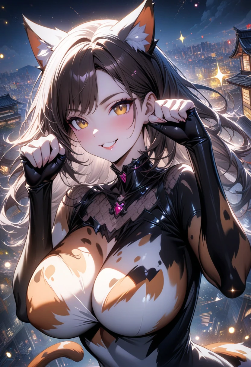 A beautiful detailed yandere girl with glowing yellow eyes,brown hair,smug smile,rabbit girl,furry,rabbit ears,black latex suit,spy suit,cleavage,evil look,helicopter,tanned skin,ultra-detailed,8k,highres,masterpiece,photorealistic,cinematic lighting,dark fantasy,atmospheric