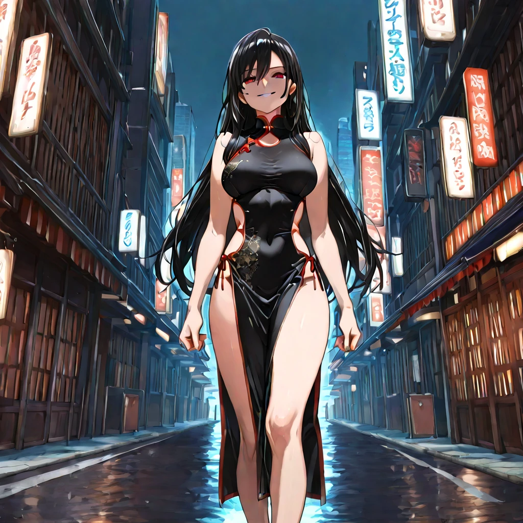 Kurihara Mari from prison school, long black hair, grey eyes, wearing micro bikini, standing on the night colourful city road, big colourful buildings, big road, vibrant colours, blushing,joyful expression, dynamic pose, NSFW, rain, wet body, full body view, heels,