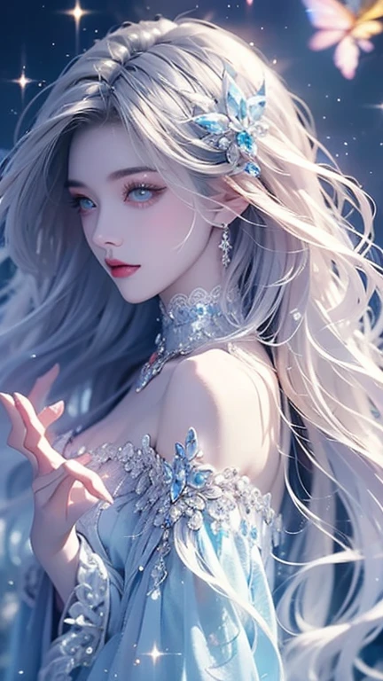wood, Detailed mini ice spikes and crystals, Frozen waterfall as background, Light reflected on ice crystals, Flowing snowflakes.Beautiful woman、white hair、cutegirl,Realistic people,black dress