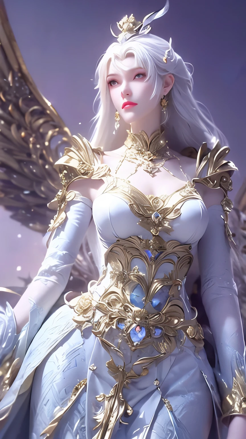 Create a majestic and graceful female fantasy character, tall in stature with long, flowing silver hair. The character is adorned in dark, intricate robes embellished with silver armor and celestial motifs. They hold two gleaming, elegant swords, poised as if ready for battle, while gesturing with one hand in a commanding manner. The setting should be a mystical landscape, with swirling mists and ancient trees, creating an atmosphere of power and enchantment. The scene should convey a sense of ancient magic and wisdom.