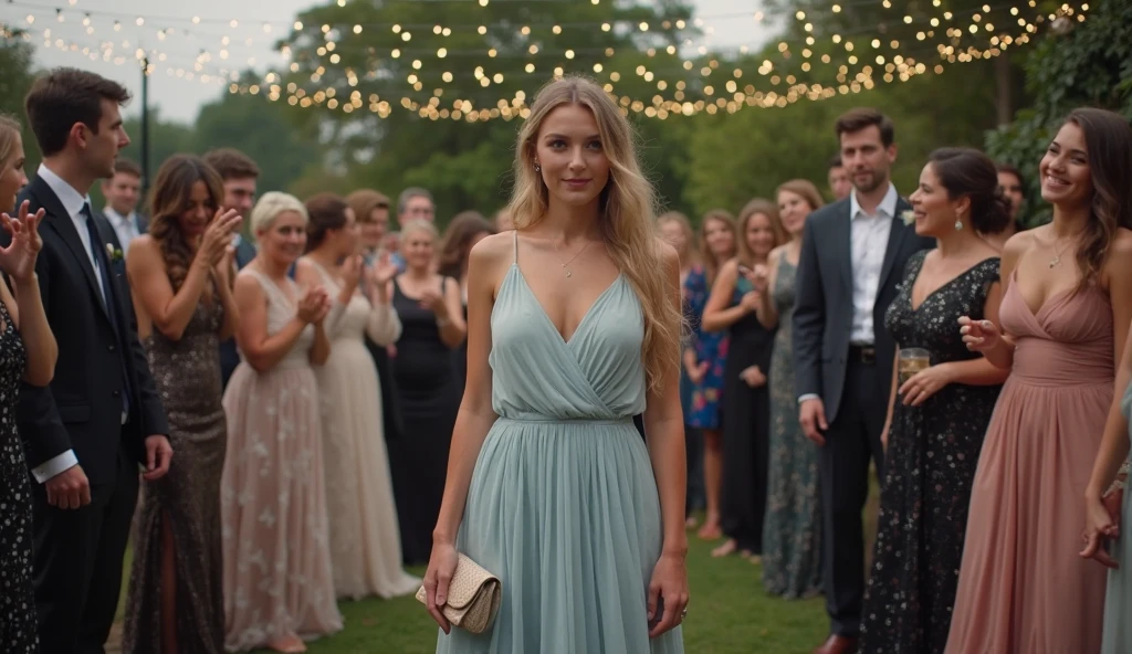 blonde woman at party in dress