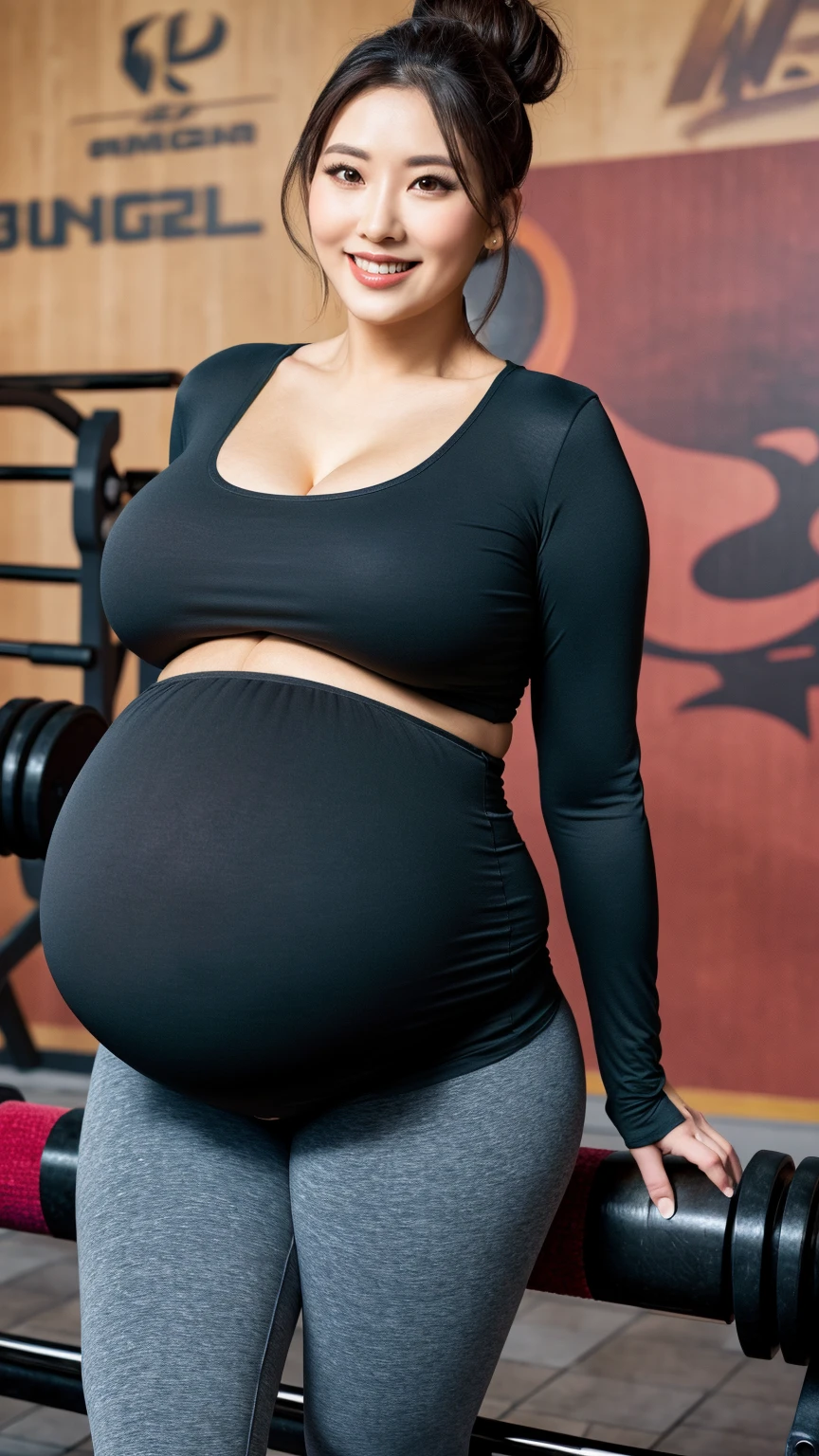 1 girl, very huge pregnant round belly, white bob cut hair with red highlights, bangs over one eye, red eyes, black sports bra, black leggings, sitting, spread legs