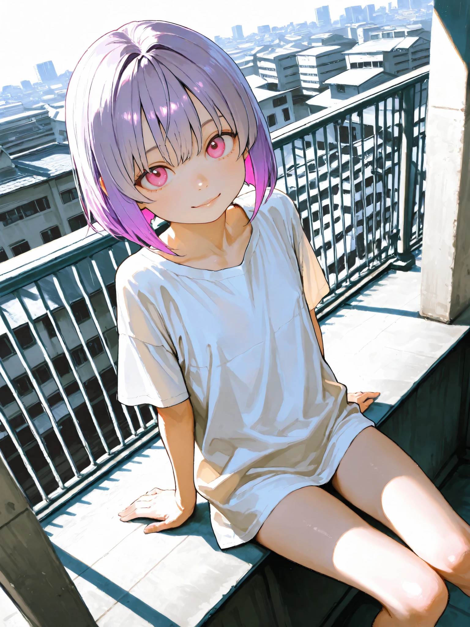 short girl, 1 girl,is young, flat chested,realisticな外観, big pink eyes, short bob、Gradation color purple hair and gray hair、plain shirt、I can see my chest、I can see my chest、sit、 completely naked、from above、Outdoors、Building Rooftop、細部にこだわったrealisticな影、movie stills, real、Highest Quality, realistic, 4K Rendering, ultra-fine texture, professional , bright color,