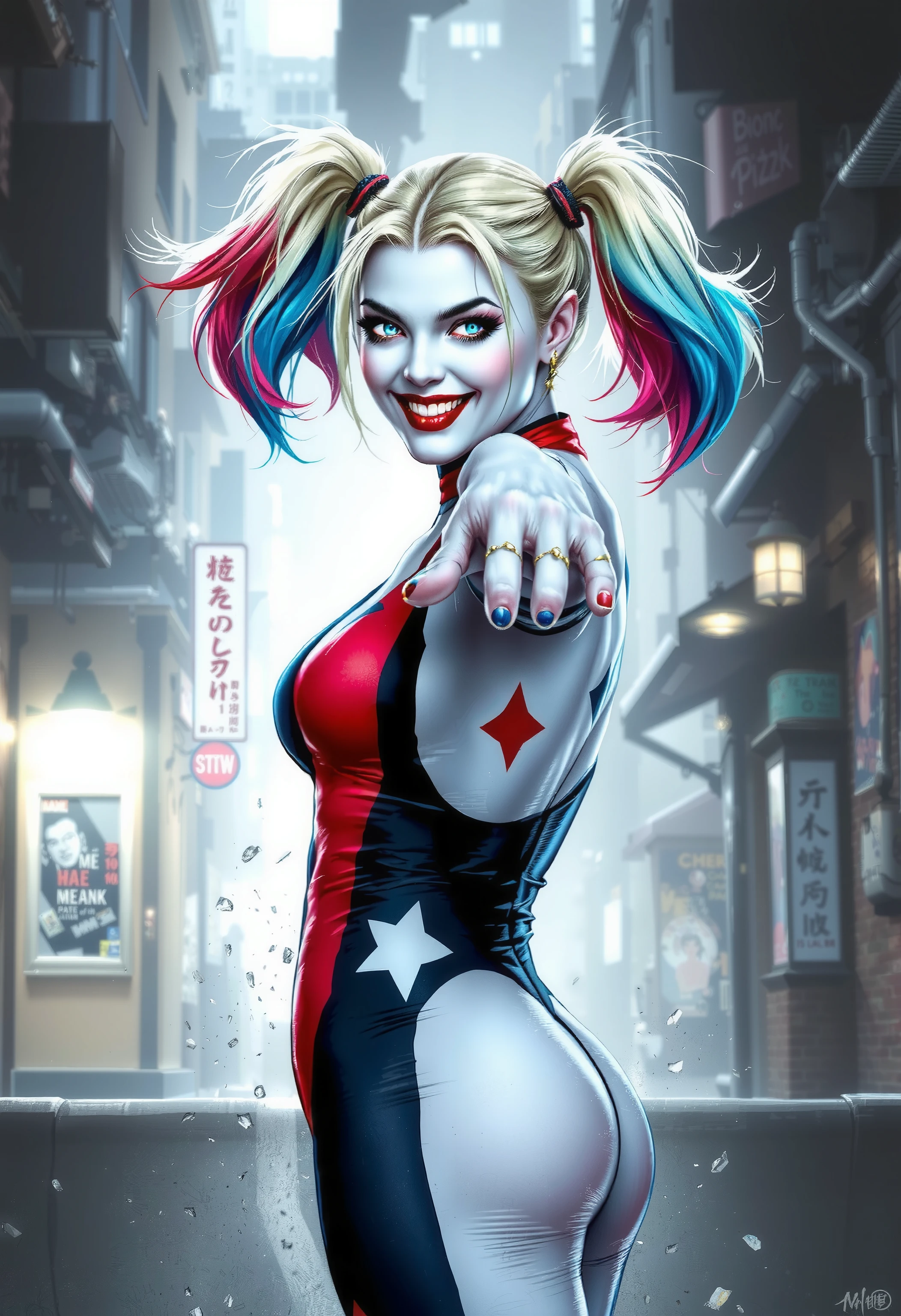 an image of a dynamic and intense comic book character, resembling Harley Quinn, in a vivid and chaotic urban battlefield. The character has a pale face with exaggerated makeup: blue eyeshadow on one eye and red on the other, with matching blue and pink pigtails. She is dressed in a tight, shiny, red and blue jester costume with a white ruffled collar and pom-poms. She is wielding a giant candy cane like a weapon, holding it across her shoulders with a mischievous, wide-open grin. The background features a cityscape in disarray, with exploding cars, flying playing cards, and debris creating a sense of action and chaos. The image should be vibrant, with sharp contrasts and a surreal, high-energy feel. Hyper realistic photo, 16k, vibrant colors