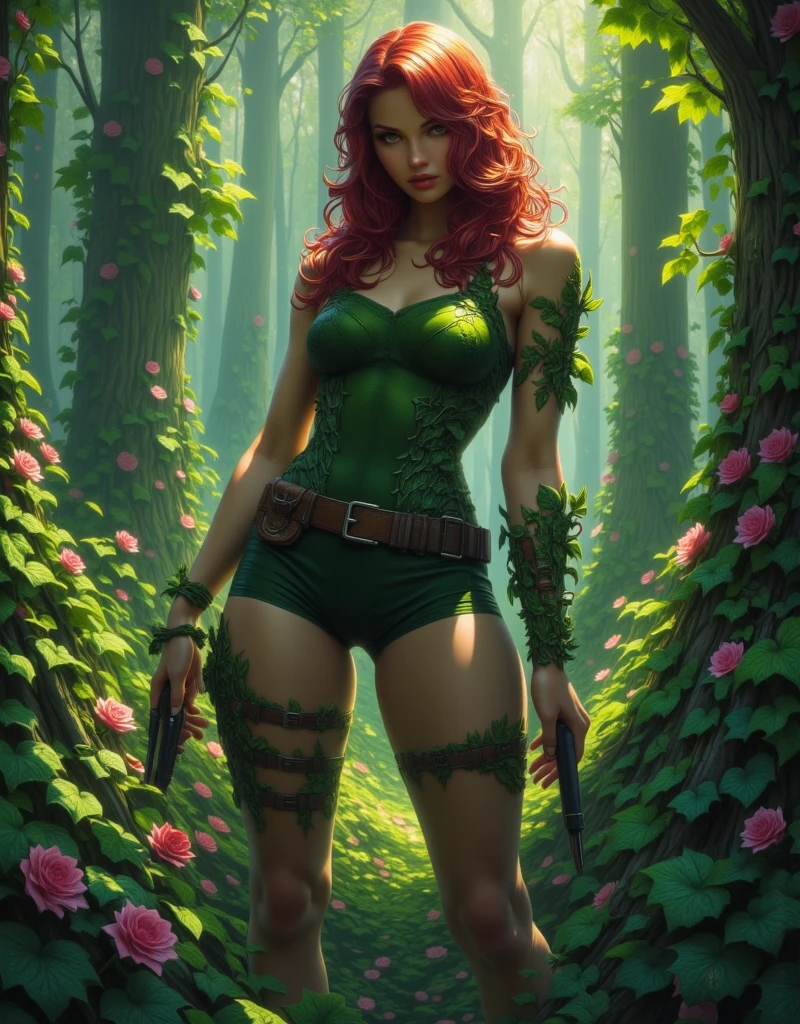 obra-prima, (mais alta qualidade, create a high resolution,4k, 8k),(realista, photorealista: 1.5),Poison Ivy, (rosto perfeito + supermodelo + pele delicada + busto grande), She is in a forest surrounded by diverse plants. She is wearing a dark green tank top, Tight dark green short shorts. 