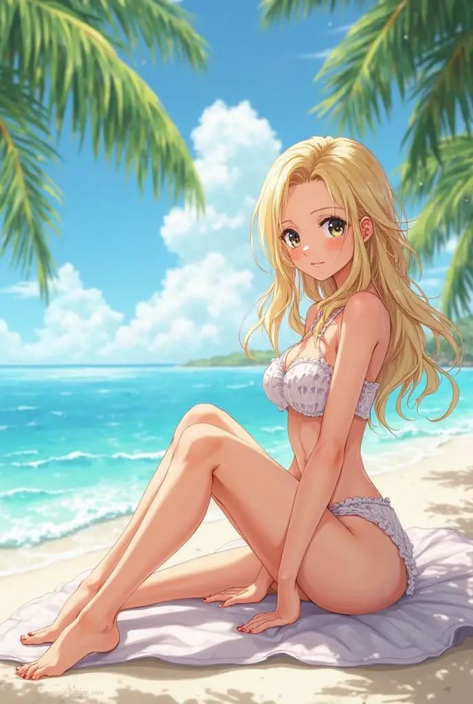 Lovely woman with Honey Blonde hair, playful pose, full body, summer outfit, she is a Joyful Explorer, she is at the beach, wavy hair style, building sandcastles
