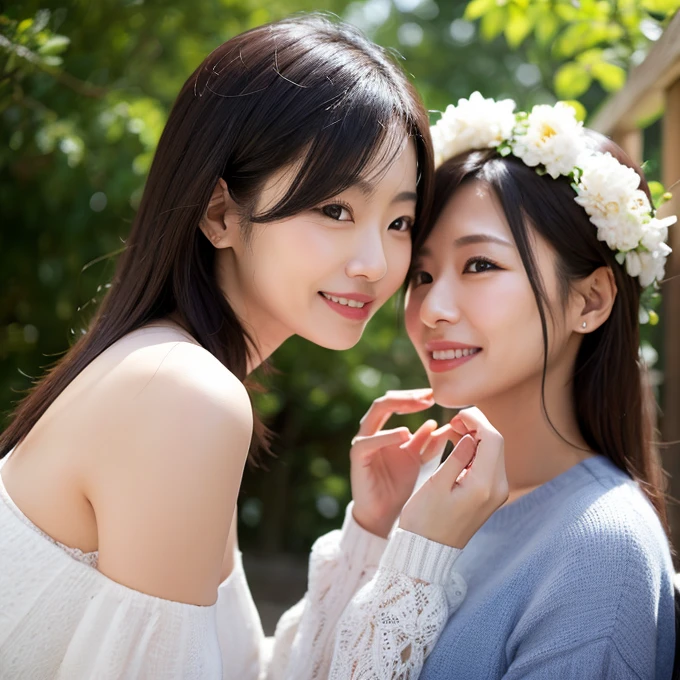 two female anime characters that hug each other in the forest in front of trees,RAW photogr,Realistic, Multiple girls, dress, Smile, 2girls, Open mouth, mitts, Braid, Earrings, White dress, jewelry, One eye closed, hair flower, hair adornments, White gloves, hug, Long hair, flower, Elbow gloves, Red eyes, view the viewer, bangs, Brown hair, Blush, bow, Yellow eyes, Bare shoulders, Black hair,