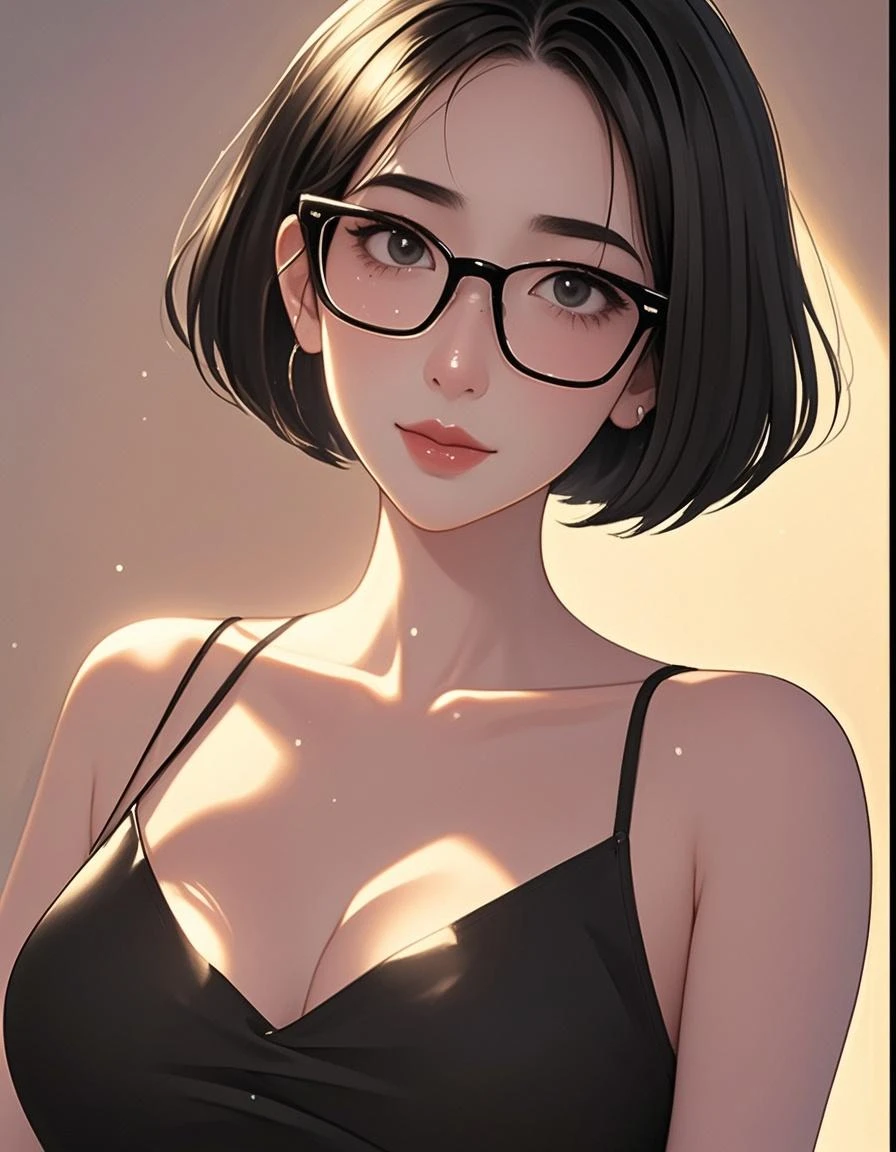 (masterpiece:1.2、highest quality), (1 lady、solo、upper part of the body:1.2), Hairy pubic area:short hair,black background、Only the neckline is red、Quilted:Black T-shirt、Round Glasses、place:Boneyard、ghost、erotic、sexual、gal、