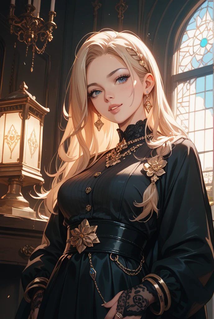 A beautiful young woman, 1girl, hourglass figure, seductive pose, printed design black traditional blouse and long skirt, silky blunt blonde hair, heavy silver jhumka earrings, necklace ,cleavage, detailed face with stunning eyes, full lips, flawless makeup, dark cinematic lighting, dramatic photorealistic effect, masterpiece-level 8K rendering, ultra-detailed, realistic, photo-realistic, HDR, UHD, studio lighting, ultra-fine painting, sharp focus, physically-based rendering, extreme detail description, professional, vivid colors, bokeh