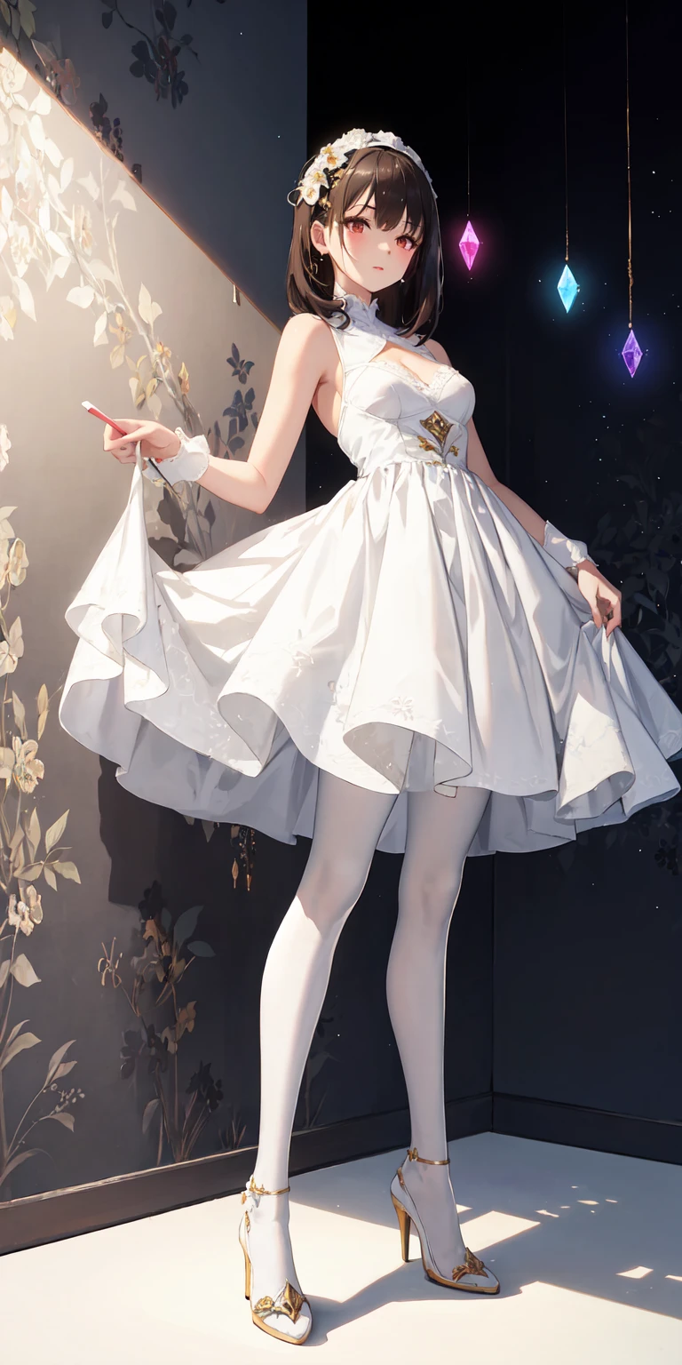 Hair blue gradient blonde, lifting mini skirt, chillerism, teeth, night sky, from below, beautiful healing face, crystal eyes, cleavage, garter belt, closed high heels, inner, face focus, shiny skin, game CG, nearby sky, moonlight, red moon, white shining high heels, mini dress glass magical girl beauty, intricate surface details, crystal core, Ethereal fantasy, real, fiction, Full HD, 8K photos
