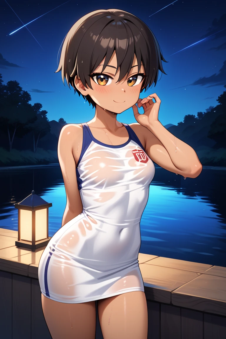 score_9, score_8_up, score_7_up, nsfw, (1girl, solo), (15years old, loli), (black short hair, twintails, hair bobbles), brown eyes, (evil smile, blush:1.1), (camisole, polka dot, (open chest, off shoulder), bare breasts, small breasts, (tanlines, swimsuit tan), pink nipples), (shorts, short skirt), (outdoors, nature, summer vacation), (pond, swamp, water, wading, aquatic plants, lotus leaves), dappled sunlight