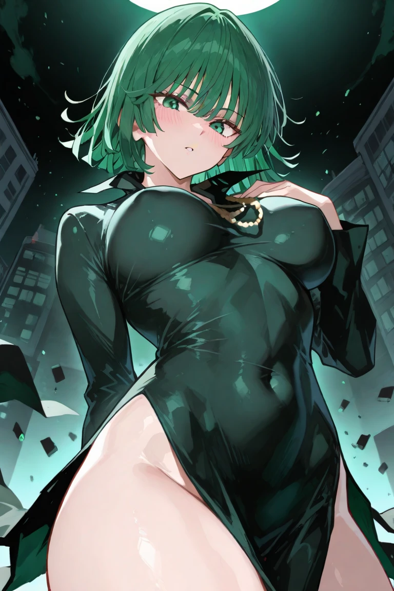 Tatsumaki, 1girl, solo, green eyes, green hair, breasts, small breasts, nipple protrusion: 2.0, curly, black dress, look at viewer, covered navel, simple background, long sleeve, dress, thighs, mouth closed, high leg, inverted hair, blush, bangs, short hair, medium hair, cowboy shot, highest quality, high resolution.