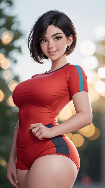 sfw,best quality, ultra high res,ultral detailed face and eyes, (photorealistic:1.4), blurry background,1girl,from side, put  hands behind  back,16 years old girl,teenage,school uniform,from beside,(black:white:green yoga pants), (light brown:red:grey hair:1.4), looking at viewer, smiling, cute, huge ass,(long legs:1.2),huge breast,narrow waist,crossing the wall,cameltoe,