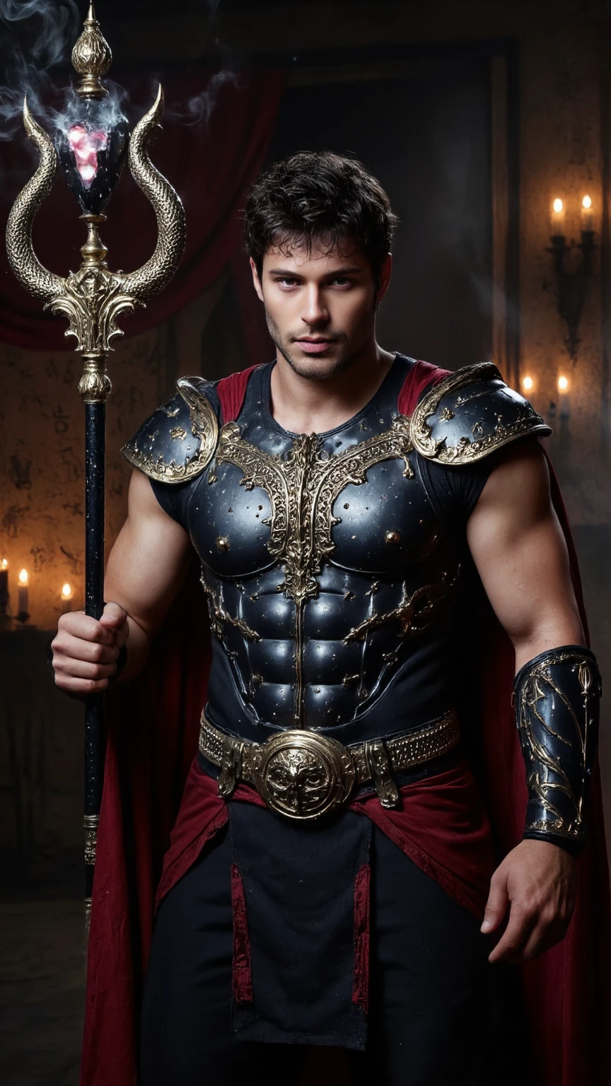 Photorealistic, ((best quality)), ((masterpiece)), (detailed), masculine portrait of young vampire, 18-year-old male models, handsome, tall, cute looking, evil look, dark look, powerful, young male, handsome model, clean shave, silver eyes. (short curly messy brown hair:1.2), messy curly hair, (short hair:1.7) super strong, muscular, fit, massive muscles, six pack, (shirtless:1.8), barechested, half-naked, topless, muscle, ripped, strong body, fit body, great chest, amazing arms, (evil fangs:1.4), (open vintage long cape:1.4), 18th century clothes, dark castle, (Dark background:1.1) 8k, high detailed, ultra-detailed, Stylish Pose, real skin texture, dark cinematic lighting
