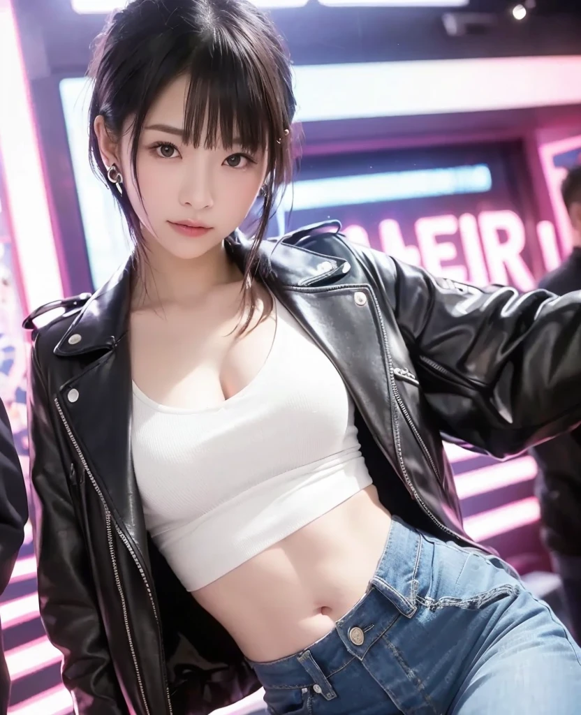 A hot punk girl with many piercings and punk hair stands at a bus stop at night. She exudes a rebellious vibe with colorful, edgy attire featuring a kidah pierced through her ear and nose. Her punk jacket is open, revealing a bold book top and a glimpse of a white bra underneath. Completing her daring look, she wears micro jeans and high heels, creating a striking and confident presence in the dimly lit urban setting.