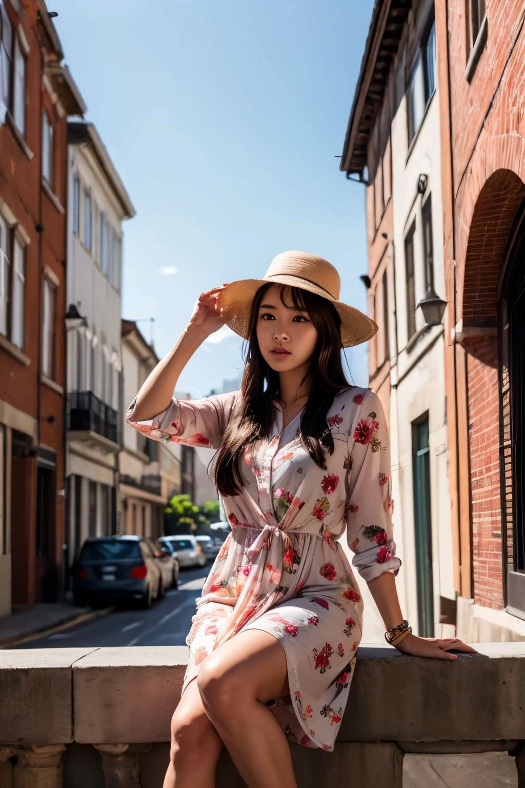 A girl walking down the street. She wears a red dress with white polka dots, black sandals and a straw hat. She holds a brown leather purse and a book in her hand. She smiles and looks ahead. There are trees, cars and passers-by around her. The sky is blue and the sun is shining --auto --s2