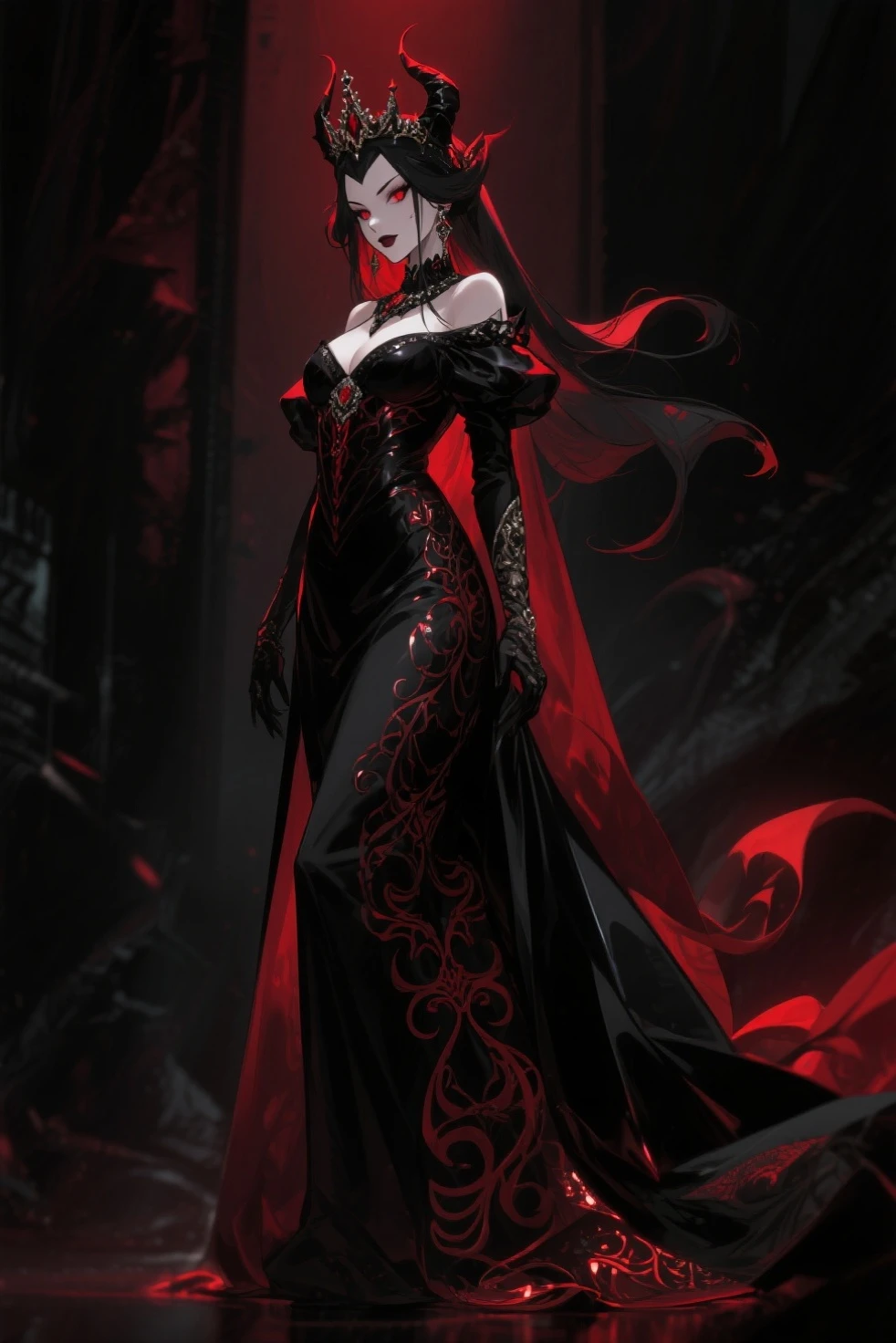 Create an image of the most stunningly gorgeous beautiful perfect sexy vampire elf, beautiful perfect face, long luscious eyelashes, black eyeliner, perfect makeup, lipstick, vibrant detailed vampire slit pupils, detailed black hair, highlights in hair, seductive gothic intricate black dress, full body view,