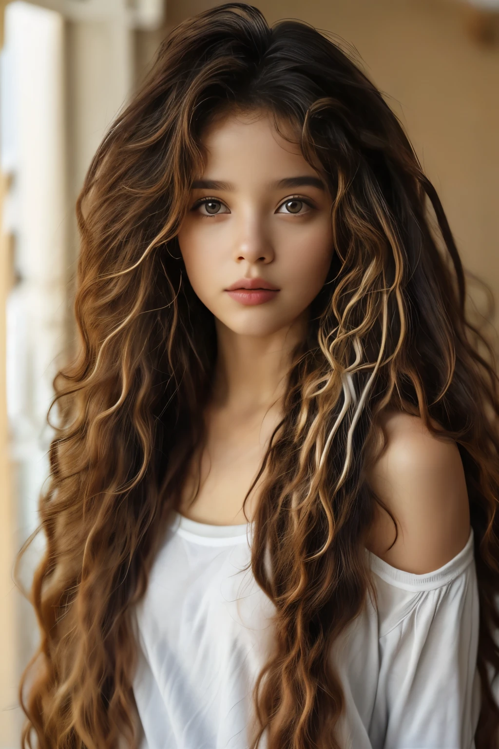 Create a super realistic girl, with long curly hair, skin tanned, honey-colored eyes and who looks 11 years old