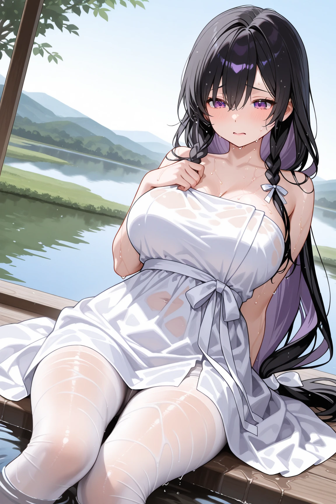 Stunning Chitanda, There is only one beautiful girl,purple eyes, black hair, Naturally straight hair, straight bangs,extremely refined,lips open,flowing long hair,Peerless beautiful girl, dreamlike,Slim,soft, (Sensual), (kawaii), Dream quality,Loose pajamas,no underwear,by the lakeside,Cherry tree,Hold the pillow,big breasts,bare shoulders,Clavicle exposed,bare neck,Bare thighs,Exposing the groin,camel toe,bare legs,barefoot,extremely shy,ultra high resolution, (masterpiece:1.2, best quality), (Exquisite and beautiful eyes: 1.2), (Beautiful and delicate face)