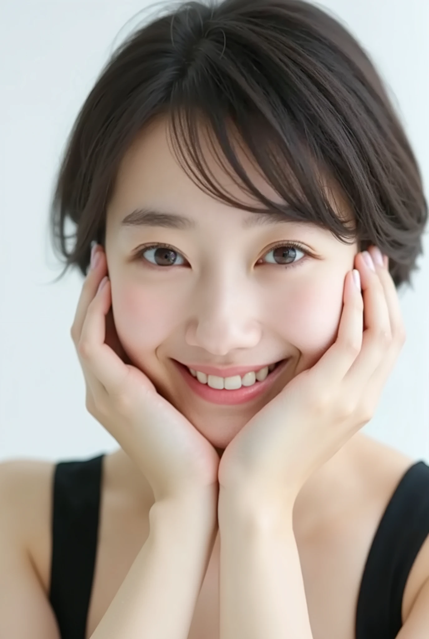 An extreme ultra close-up, hyperrealistic portrait of an overwhelmingly beautiful young Japanese woman, photographed in immaculate cinematic soft light. Her face fills 95% of the frame, captured in exquisite high-resolution with ultra-fine skin texture, visible pores, soft translucent peach fuzz, and a natural glossy finish like a luxury cosmetic advertisement.
Her expression is melting with affection, bashfulness, and uncontainable giddy euphoria. Both hands gently cup her flushed cheeks, fingers delicately curled and slightly open, as if trying to physically hold back her overwhelming feelings. Her deeply blushing cheeks radiate emotional warmth.
Her lips are parted in an uncontrollable, dopey smile — the corners stretched wide in a goofy grin. Her upper teeth are clearly visible, shown through a relaxed, helpless smirk that radiates silly joy and lovestruck amusement. It's the kind of grin that says she just can't stop smiling. The mouth glistens slightly with moisture, the smile loose and breaking down into total affection.
Her large, misty eyes are the emotional core: subtly out of alignment from each other, softly glazed and unfocused as if in a dreamy trance. She gazes downward slightly, with a vague, love-drunken look—lost in affection. Her irises are layered with multi-dimensional sparkles, including **multiple faintly floating heart-shaped catchlights** in different depths of her pupils and lens reflection. They shimmer with crystalline inner structure and glowing rainbow reflections, giving her a spellbound, otherworldly charm.
Her head is slightly tilted forward, chin tucked in, posture leaning toward the viewer in a vulnerable and affectionate gesture. Her gaze, though unfocused, still magnetically pulls toward the viewer with a blissfully dazed grin.
She wears a black camisole with one strap barely clinging to her shoulder, softly slipping, visible in soft peripheral blur. Background is pure white with dreamy bokeh; depth of field is extremely sha