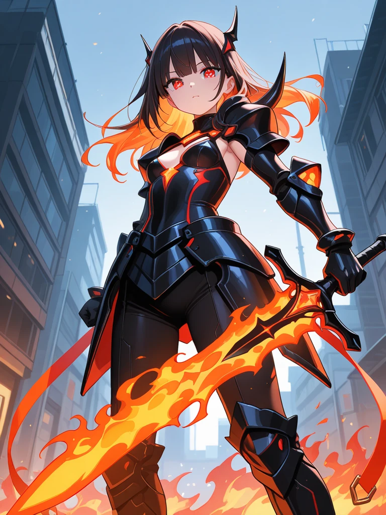 1 girl, physically attractive, with a black armor with red lines, red eyes, black hair, fire power, hd, ralista, background of a burning city and destrida, image of can definition, sky full of nuves surrounding a blood-red flash, night, ground with cracks, darkness