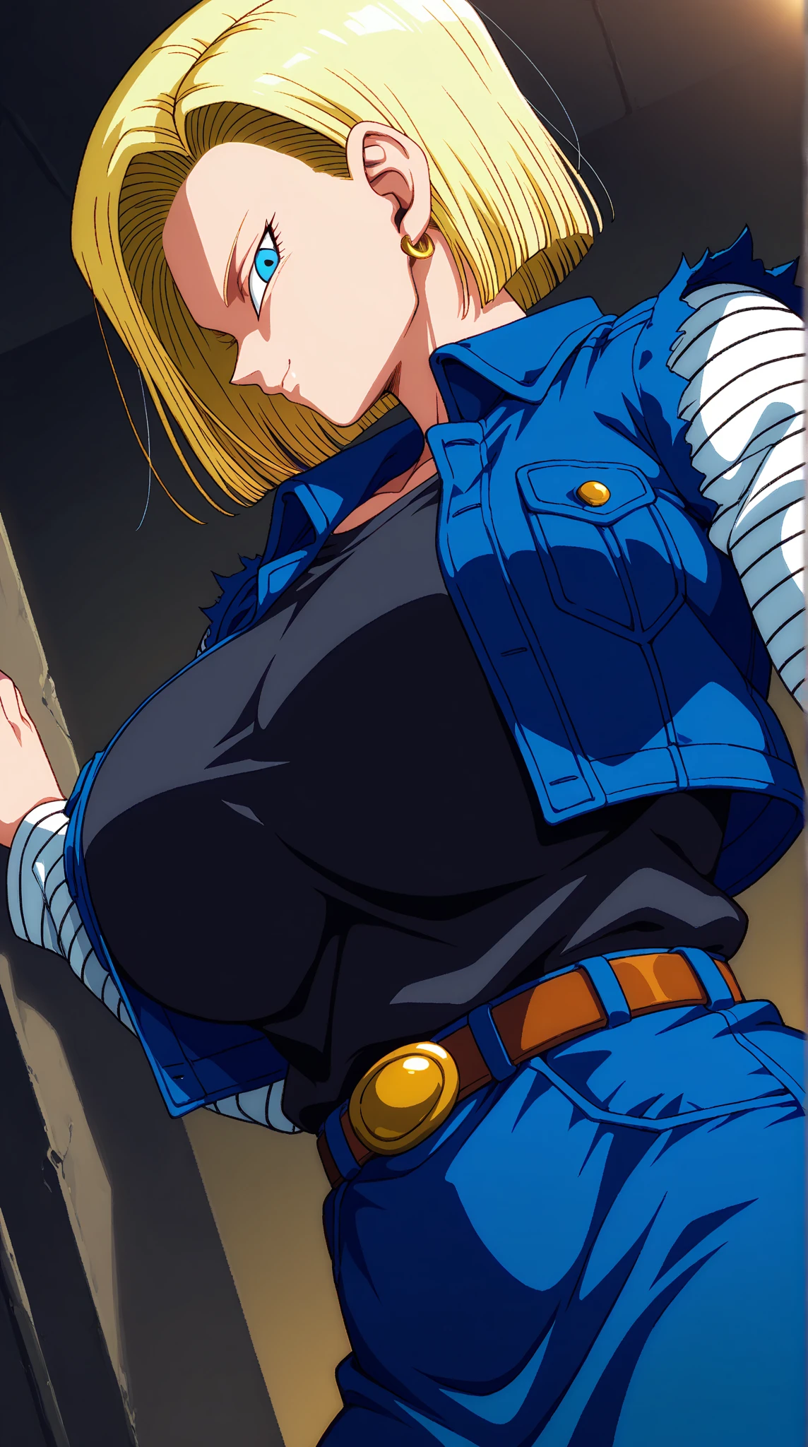 Best quality at best, A high resolution, and 18, 1girll, Android 18, 独奏, blond hairbl, eBlue eyes, short detailed hair, 耳Nipple Ring, jewely, black pantyhoses, black shirt, Denim skirt, Striped long sleeves, blue skirts,big cleavage breasts, cowboy lens, the street,