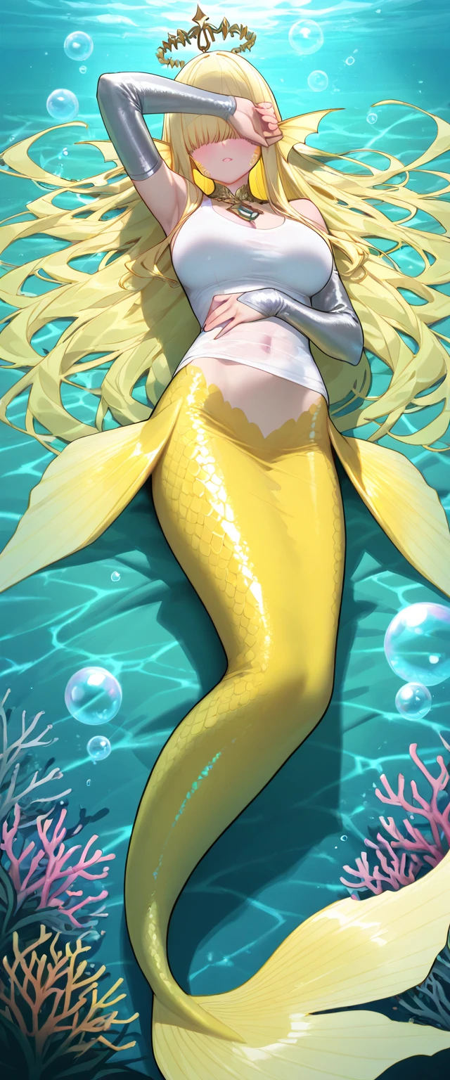 (masterpiece), ((best quality),looking at viewer,(soaked school uniform),(blonde_hair),(from side),(mermaid),(slime mermaid),(fin),colorful,full body,(prostrate),(lie flat),(gigantic breasts:1.7),(arms support),raining,on wet floor,sunlight,solo,highres,son stomach,under stone wall