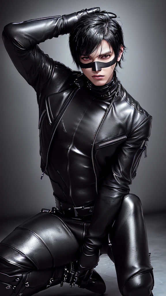 a 27-year-old man dressed in tight leather cat-themed clothing, displaying a profound love for cats, as he gazes into the camera."