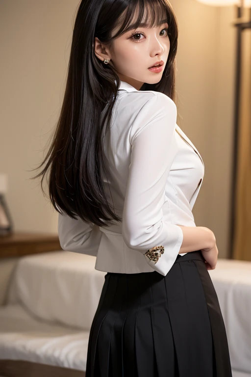 there is a woman that is standing in front of a computer, gorgeous young korean woman, wearing a blouse, korean girl, korean women's fashion model, beautiful south korean woman, office clothes, back pose, showing her shoulder from back, korean woman, cute elegant pose, stunning elegant pose, hwang se - on, backview, beautiful young korean woman, attractive pose