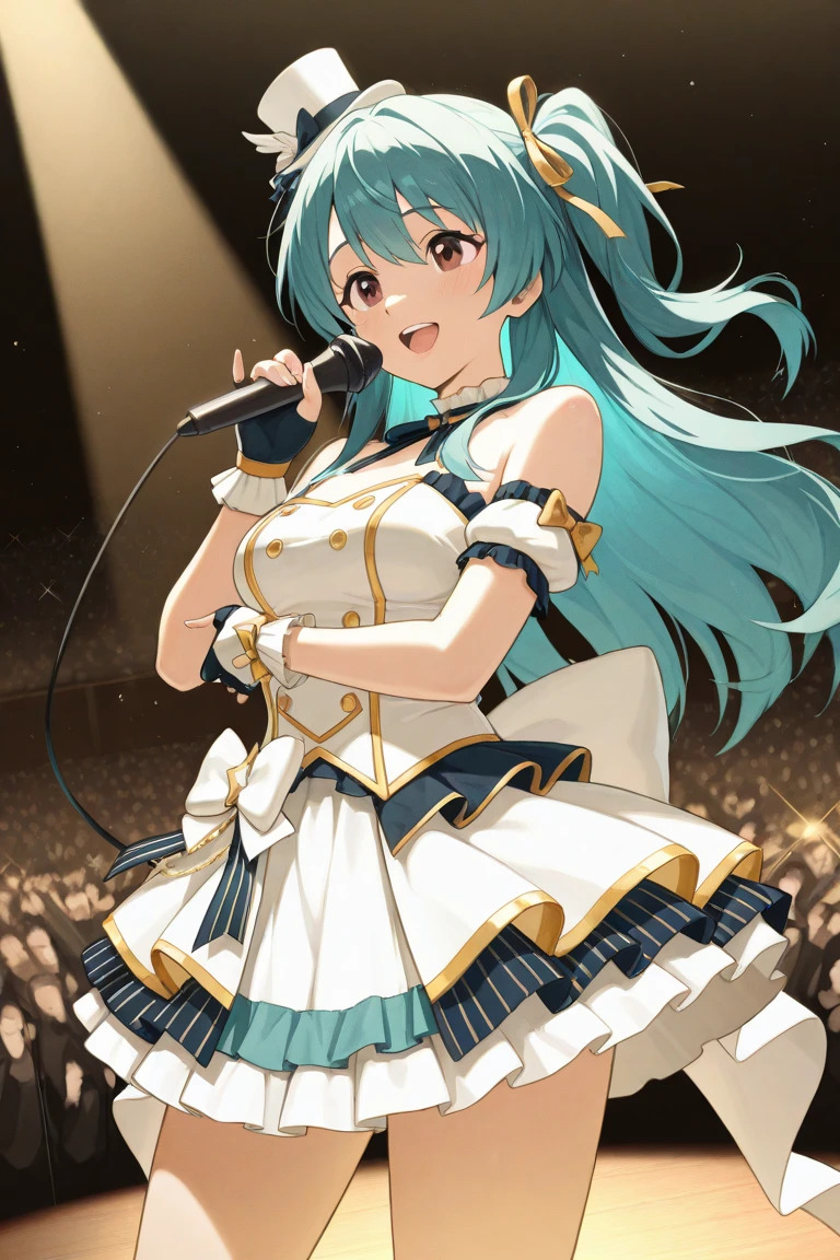 ((32k)), ((best quality)), ((ultra high res)), ((HDR)), ((UHD)), ((extremely detailed CG)), ((unity 32k wallpaper)), ((illustration)), ((((1 girl)))), (cute smile), (cute bikini), (((Idol Costumes))), ((Idol Stage Background)), (((yurucamp))), ((love live!)), ((Holding a microphone)), (Peering from below), closed mouth, ((happy)), (((cowboy shot))), (nsfw), 