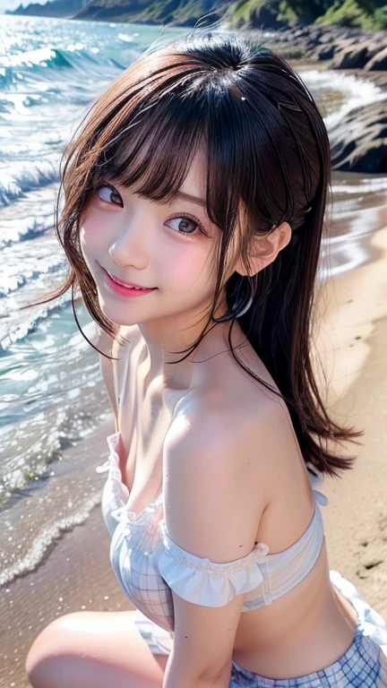 Japanese, brown eyes, smiling face, young face, black hair, twin tails, blue ribbon hair ornament, , necklace, white bikini, blue sky and white cumulonis clouds, standing in front of a palm tree, resort island, everlasting summer atmosphere, beach