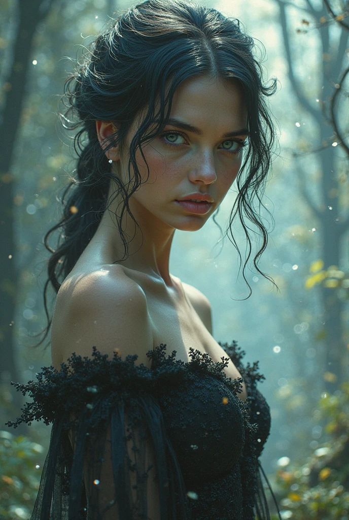 1 girl, blue eyes, black hair, horns, beautiful and naked