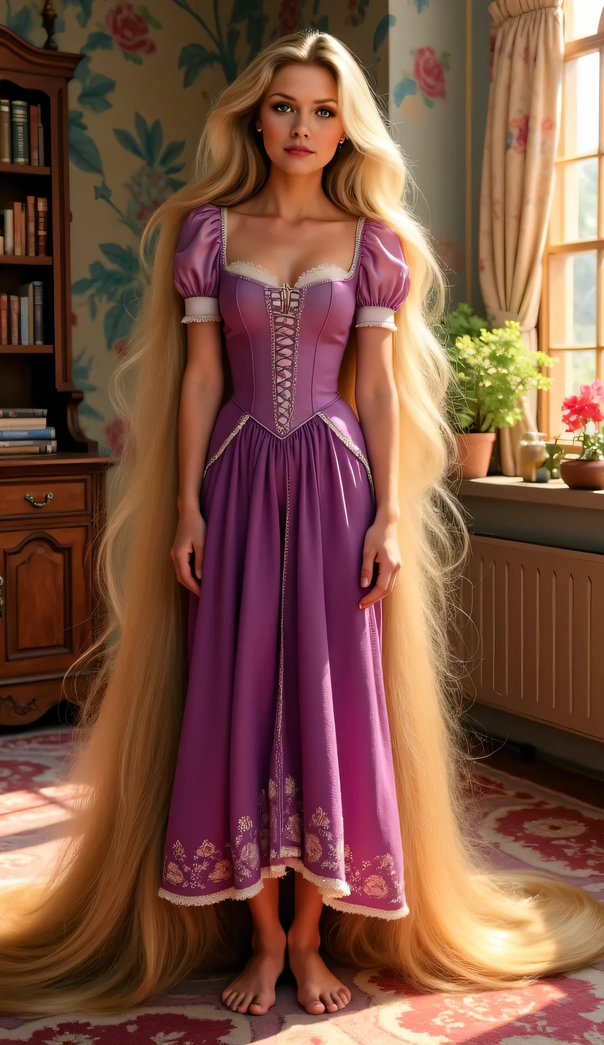 "Full-body portrait of Michelle Pfeiffer as Rapunzel from Disney's Tangled, with long flowing golden hair cascading around her feet, wearing Rapunzel’s signature purple and pink dress with lace-up bodice and puffed sleeves, standing barefoot in a stylized fairytale tower room filled with warm sunlight, painted walls, books, and flowers. The background is inspired by the Disney animation but with a more realistic, elegant tone — soft lighting, magical atmosphere, Disney-style blend with cinematic realism, highly detailed facial features with a curious and warm expression."