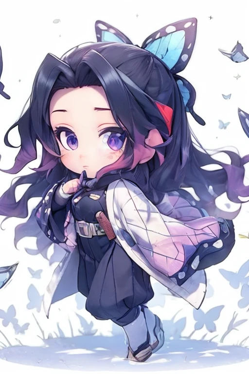 A 15-year-old girl, with straight, dark brown hair. She has fair skin and is beautiful. Her personality is extroverted She is wearing a dress with white and blue colors. The image is in the drawing style of the anime Kimetsu no Yaiba. And his eyes are dark brown in color.