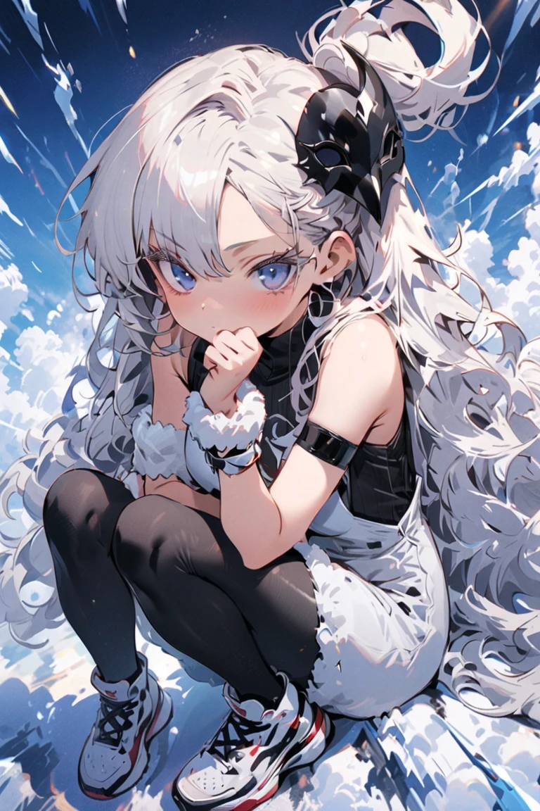beautiful, masterpiece, Highest quality, anime, One girl, C Cup,Portrait Shot, View your viewers, Intricate details,>,((Covered、Long Hair、nearby、Blue Eyes、art、、White hair,Blue streaked hair、wallpaper、、hairpin、smile、Thighs、Plainer_Sci-fi clothes、Plainer_Gloves、Plainer_Knee-high boots、Plainer_Underskirt