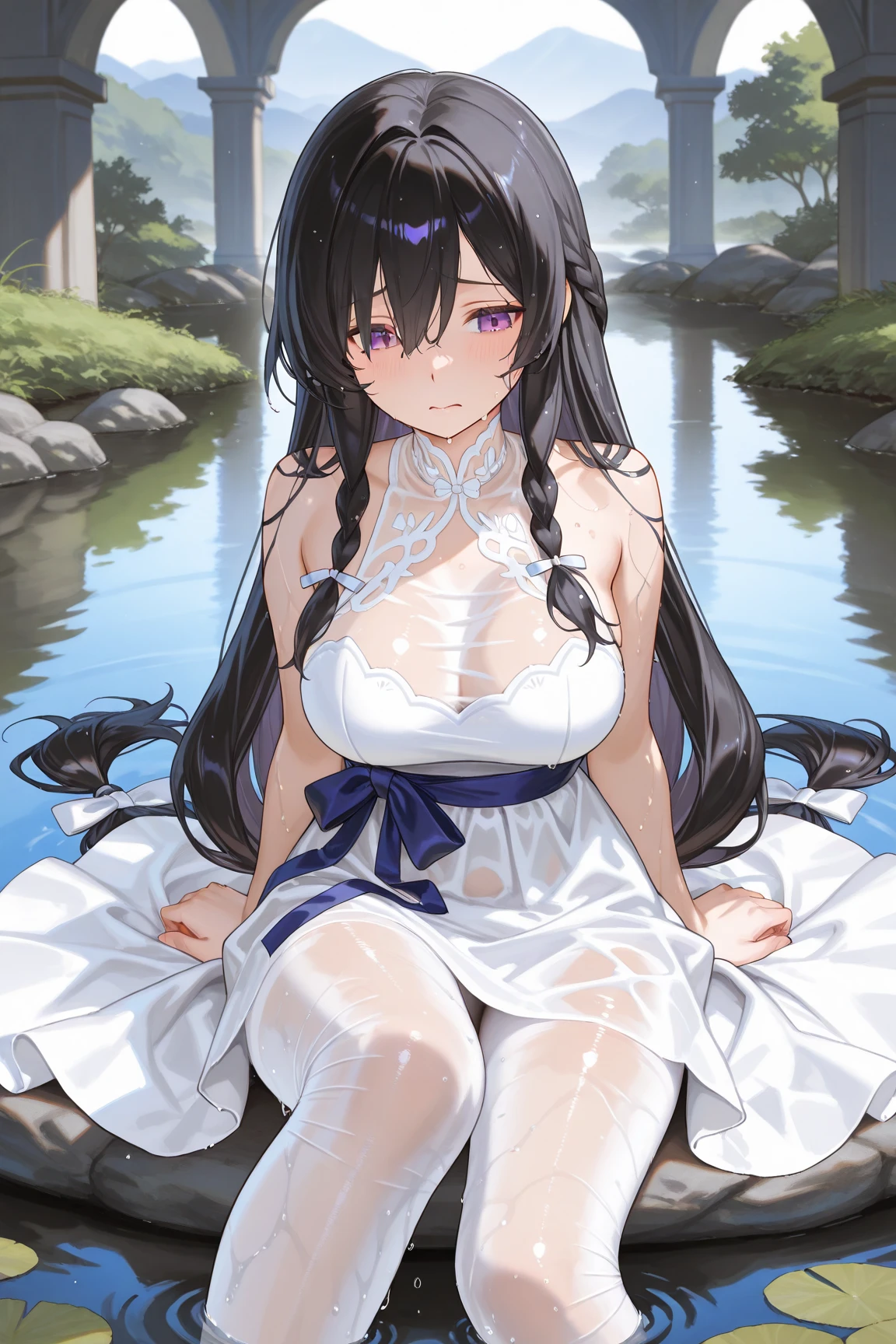 3 girls, spruce forest, [pine trees], [huge spruce trees], (river), rocky shore, smile, view from above, milf, huge breasts, nude, smile, very long hair, black hair, purple curl, violet eye, sitting on rock cute, big breast, [short stature], nude, ponytail, dark blue hair, blue eyes, sitting on rock, big breasts, big ass, nude, topless, view from back, brown hair, pigtail, lay